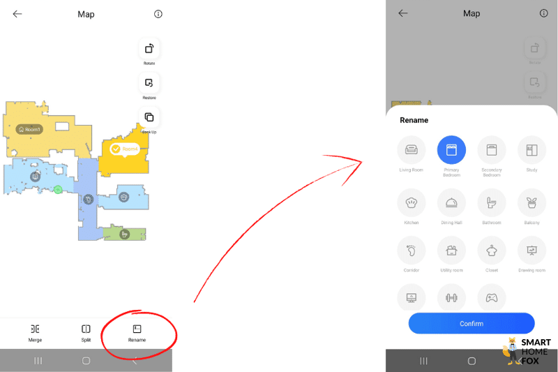 In der Dreame L10s Pro App werden den einzelnen Räumen auf der Karte Symbole zugeordnet.